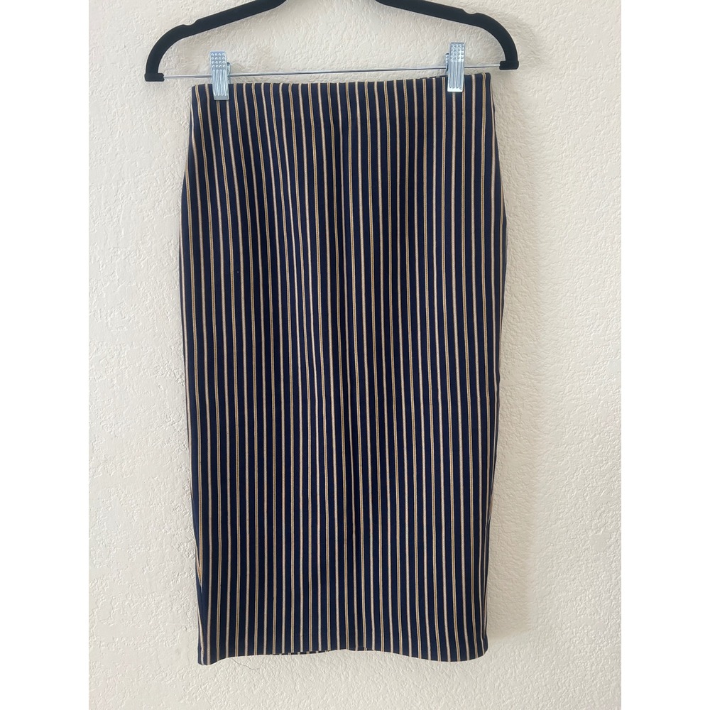 Zara Navy Blue and Tan Vertical Striped High Waisted Midi Pencil Skirt, Small
